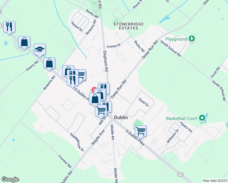 map of restaurants, bars, coffee shops, grocery stores, and more near 108 Deep Run Road in Dublin