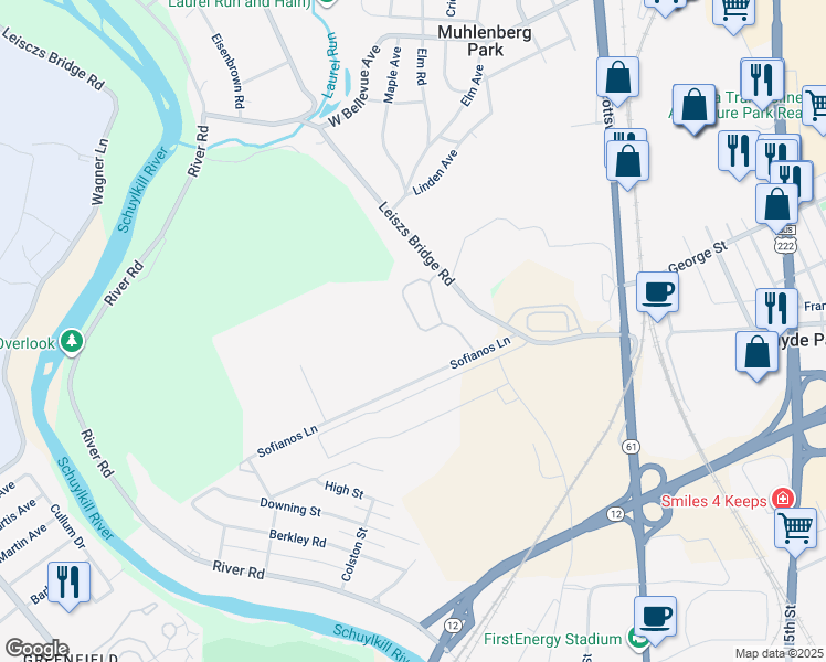 map of restaurants, bars, coffee shops, grocery stores, and more near 30 Turning Leaf Way in Reading