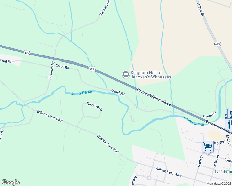 map of restaurants, bars, coffee shops, grocery stores, and more near 630 Canal Road in Womelsdorf