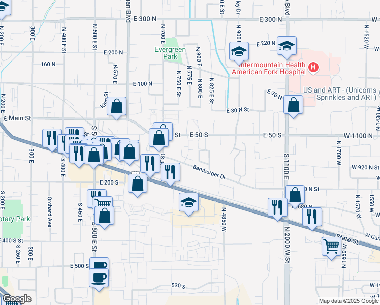 map of restaurants, bars, coffee shops, grocery stores, and more near 762 East 80 South in American Fork