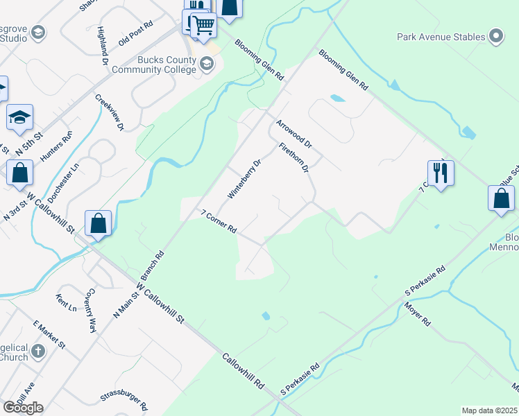 map of restaurants, bars, coffee shops, grocery stores, and more near 1641 7 Corner Road in Perkasie
