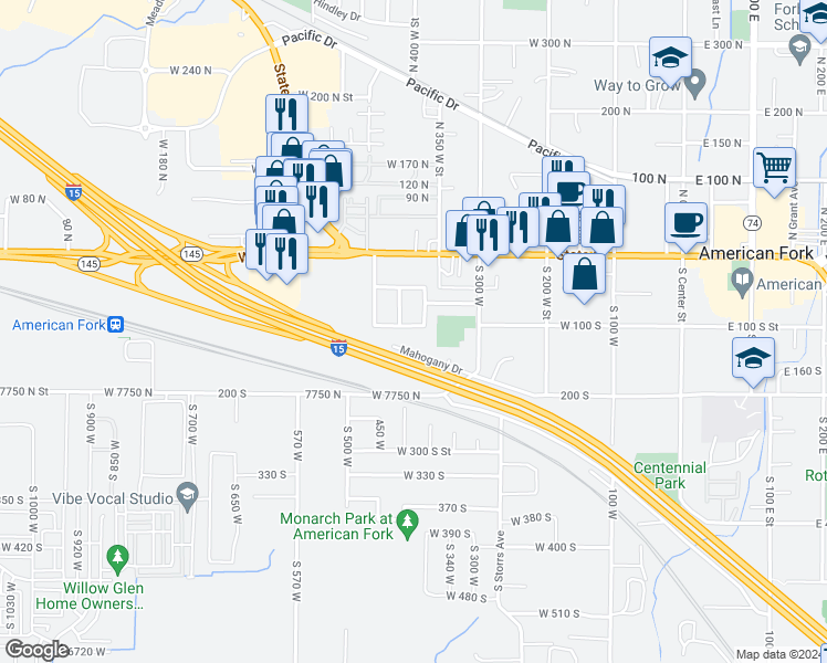 map of restaurants, bars, coffee shops, grocery stores, and more near 395 Harrison Avenue in American Fork