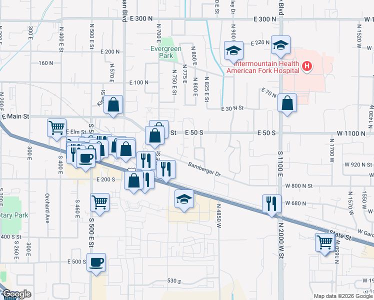 map of restaurants, bars, coffee shops, grocery stores, and more near 764 East 80 South in American Fork