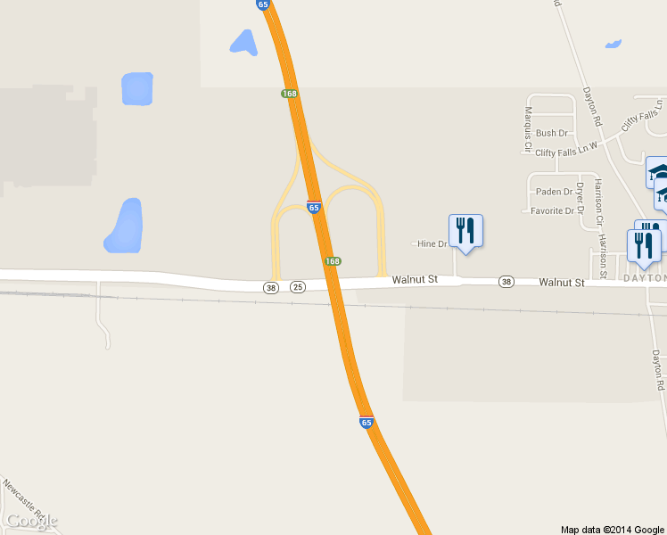 map of restaurants, bars, coffee shops, grocery stores, and more near Interstate 65 in Lafayette
