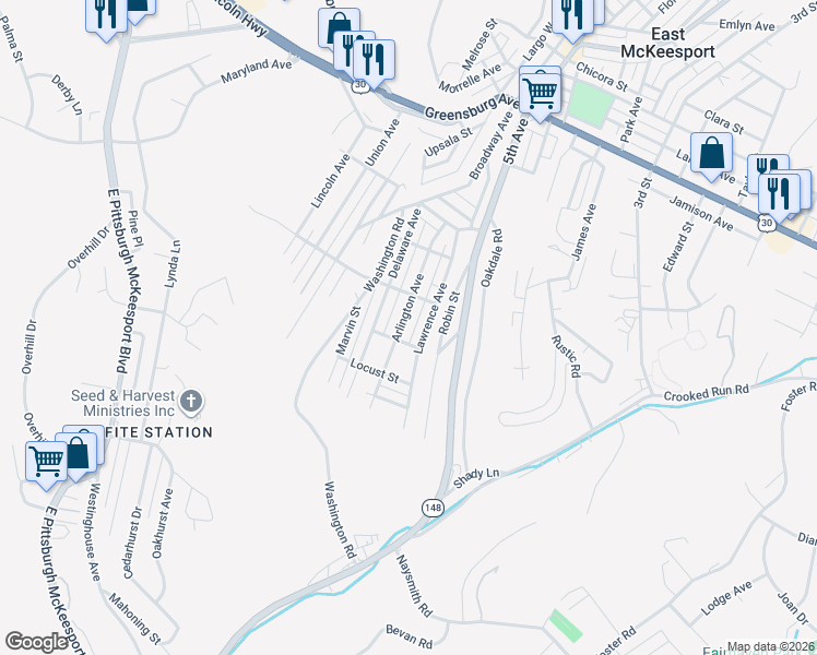map of restaurants, bars, coffee shops, grocery stores, and more near 402 Lawrence Avenue in Allegheny County