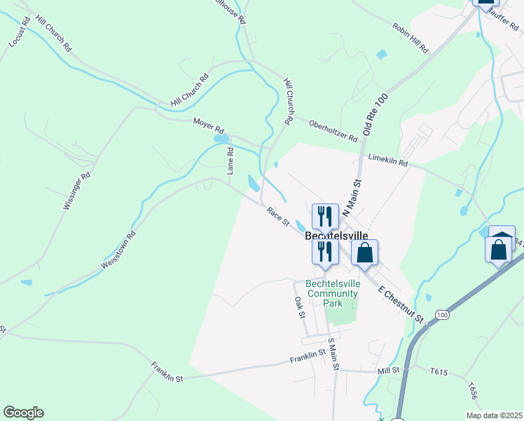 map of restaurants, bars, coffee shops, grocery stores, and more near 82 Race Street in Bechtelsville
