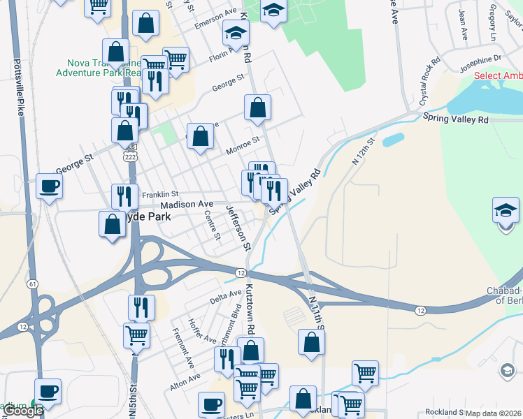map of restaurants, bars, coffee shops, grocery stores, and more near 2546 Kutztown Road in Reading