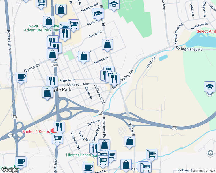 map of restaurants, bars, coffee shops, grocery stores, and more near 2546 Kutztown Road in Reading