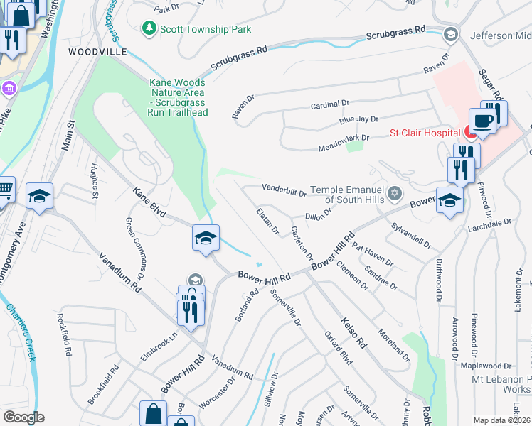 map of restaurants, bars, coffee shops, grocery stores, and more near 133 Elatan Drive in Pittsburgh