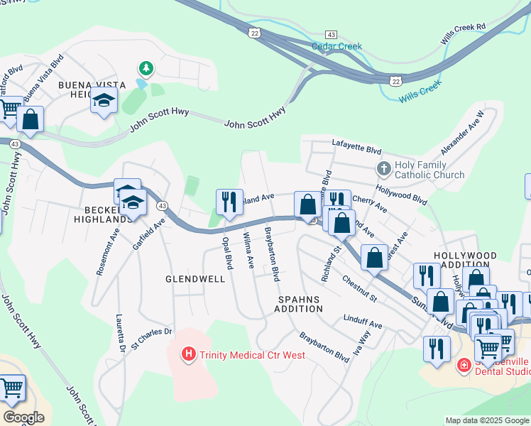 map of restaurants, bars, coffee shops, grocery stores, and more near 2728 Sunset Boulevard in Steubenville