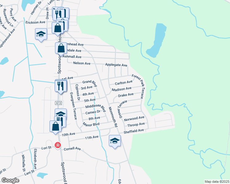 map of restaurants, bars, coffee shops, grocery stores, and more near 415 Madison Avenue in Monroe Township