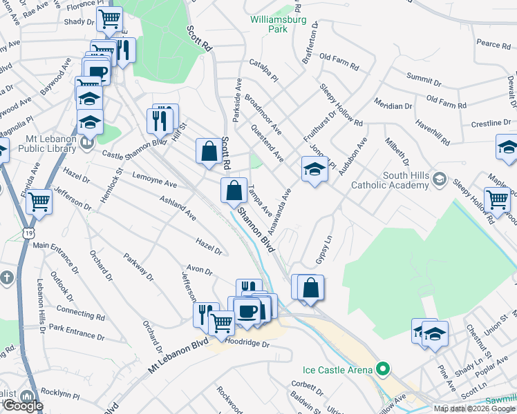 map of restaurants, bars, coffee shops, grocery stores, and more near 355 Anawanda Avenue in Pittsburgh