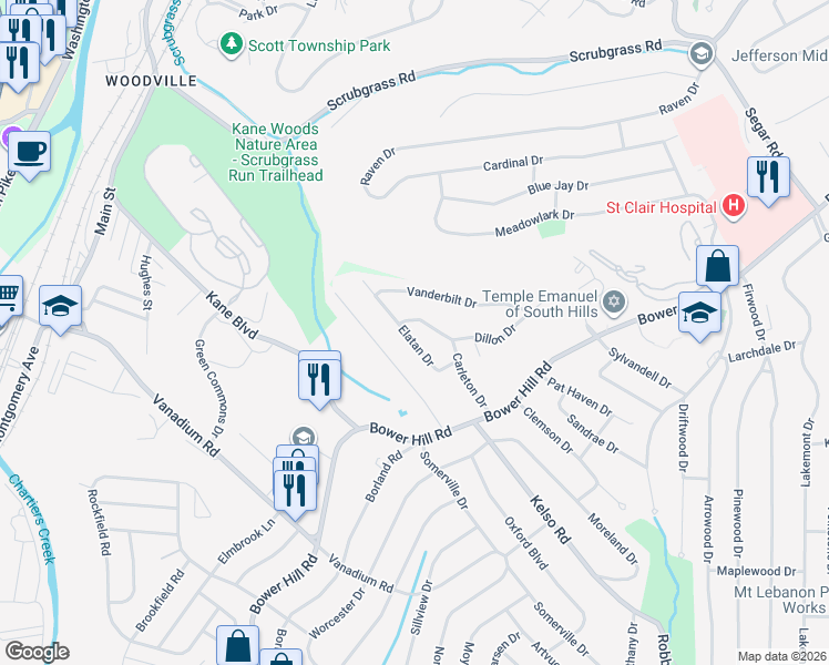 map of restaurants, bars, coffee shops, grocery stores, and more near 133 Elatan Drive in Pittsburgh