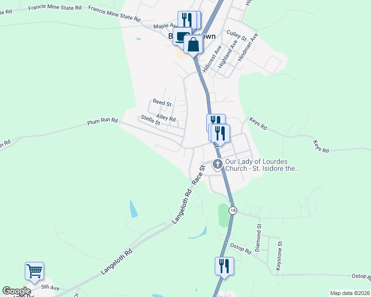 map of restaurants, bars, coffee shops, grocery stores, and more near 2008 South Pittsburgh Street in Burgettstown
