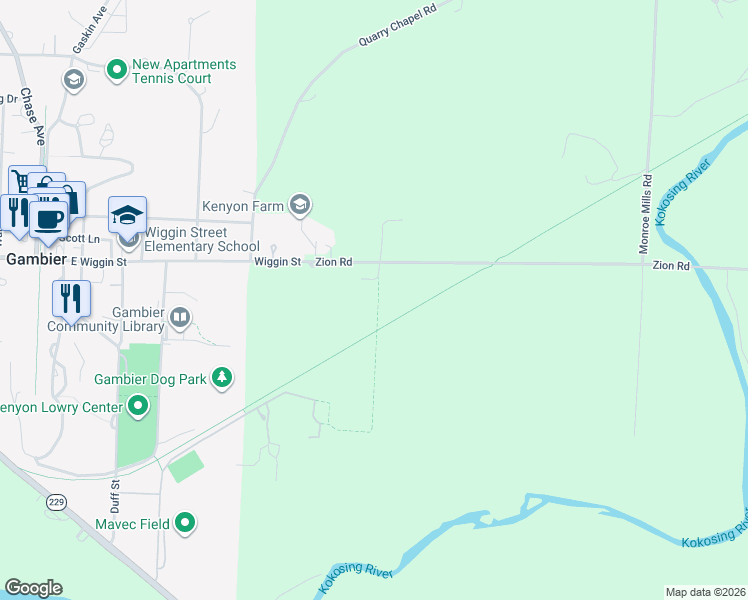 map of restaurants, bars, coffee shops, grocery stores, and more near Kokosing Gap Trail in Gambier