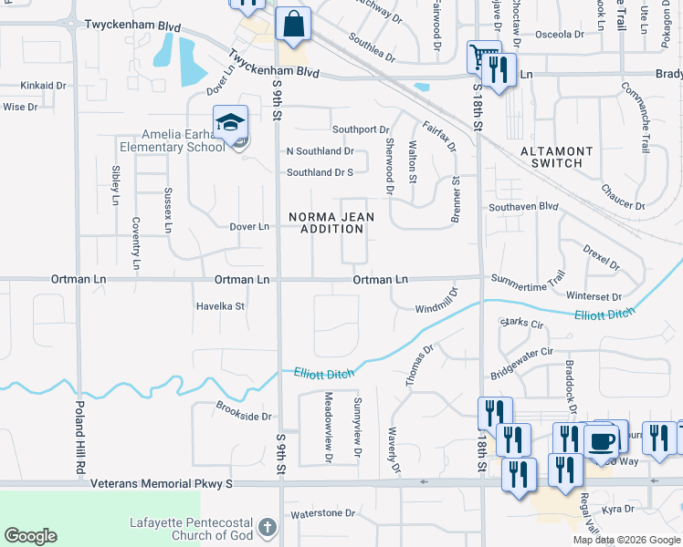 map of restaurants, bars, coffee shops, grocery stores, and more near 3501 Canterbury Drive in Lafayette