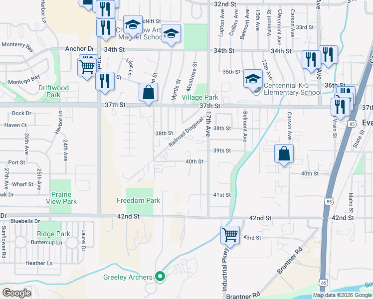 map of restaurants, bars, coffee shops, grocery stores, and more near 1713 40th Street in Evans