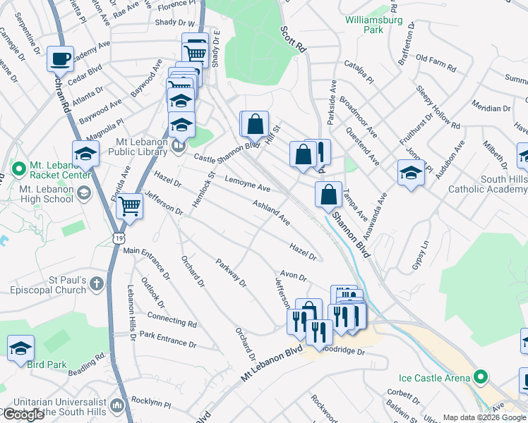 map of restaurants, bars, coffee shops, grocery stores, and more near 301 Hazel Drive in Pittsburgh