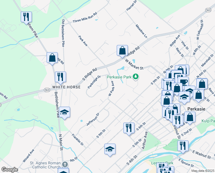 map of restaurants, bars, coffee shops, grocery stores, and more near 267 Parkridge Drive in Perkasie