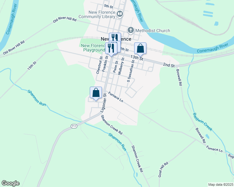 map of restaurants, bars, coffee shops, grocery stores, and more near 195 Furnace Lane in New Florence