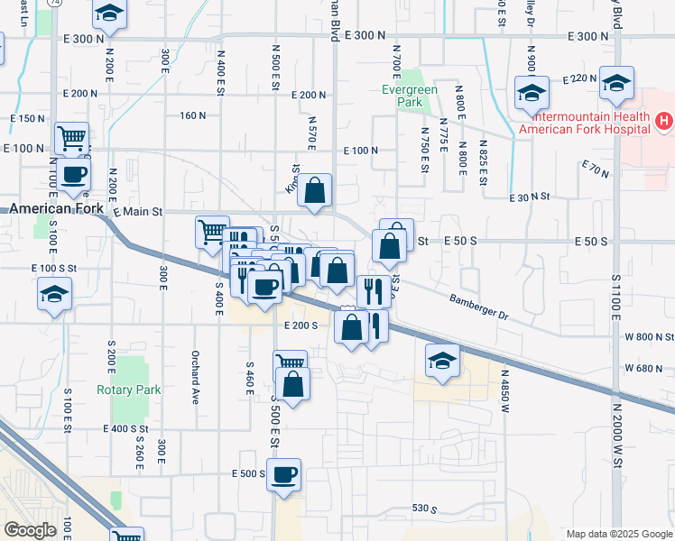 map of restaurants, bars, coffee shops, grocery stores, and more near 108 South 610 East in American Fork