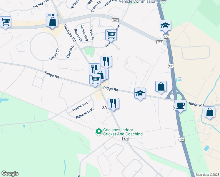 map of restaurants, bars, coffee shops, grocery stores, and more near in South Brunswick Township