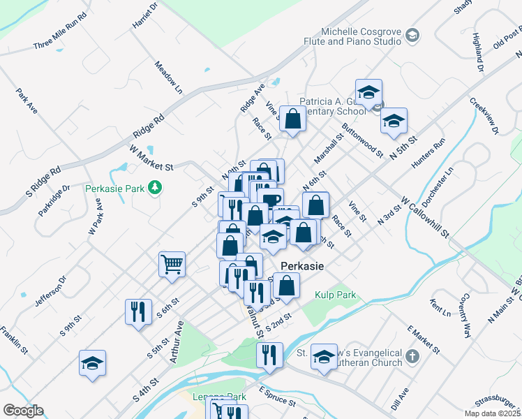 map of restaurants, bars, coffee shops, grocery stores, and more near 538 West Market Street in Perkasie