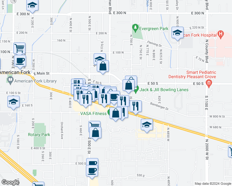 map of restaurants, bars, coffee shops, grocery stores, and more near 629 East 110 South in American Fork