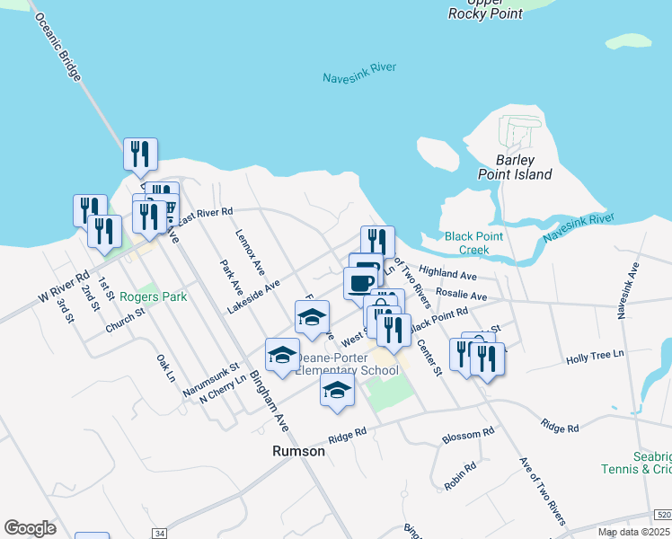 map of restaurants, bars, coffee shops, grocery stores, and more near 14 Bruce Place in Rumson
