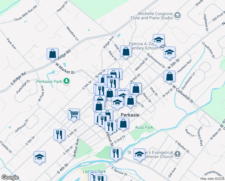 map of restaurants, bars, coffee shops, grocery stores, and more near 538 West Market Street in Perkasie