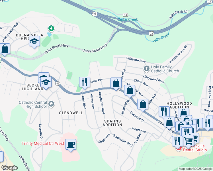 map of restaurants, bars, coffee shops, grocery stores, and more near 2728 Sunset Boulevard in Steubenville