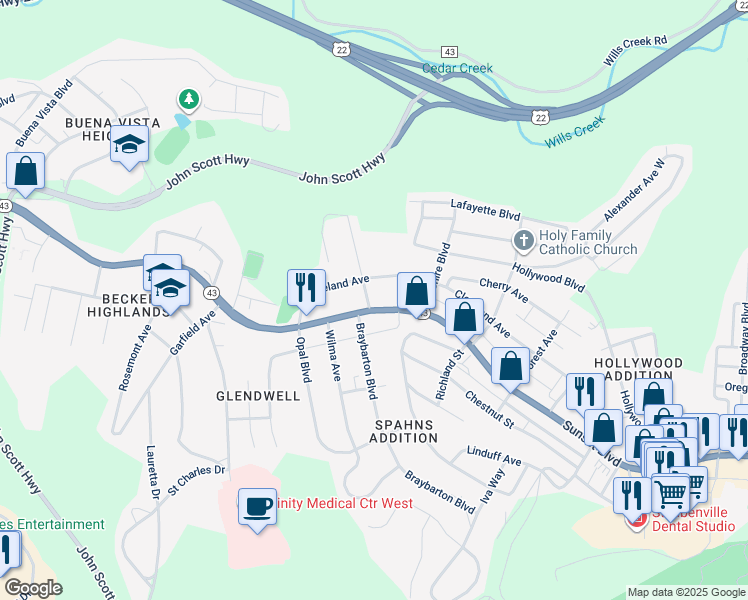 map of restaurants, bars, coffee shops, grocery stores, and more near 2728 Sunset Boulevard in Steubenville