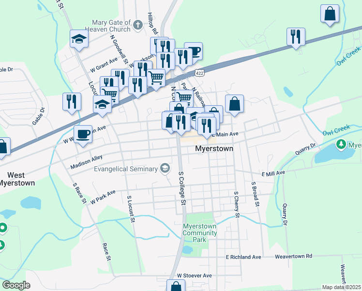 map of restaurants, bars, coffee shops, grocery stores, and more near 10 South College Street in Myerstown