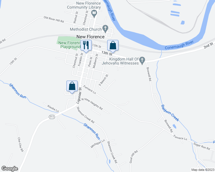 map of restaurants, bars, coffee shops, grocery stores, and more near 224 South Vine Street in New Florence