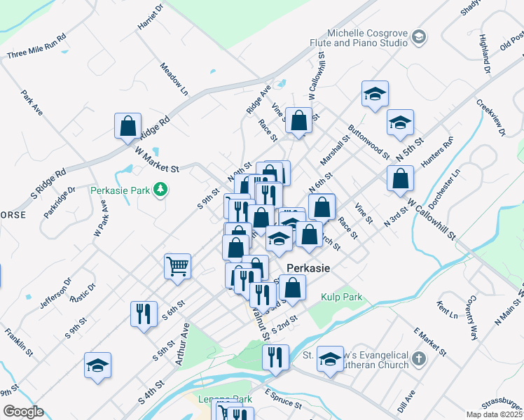 map of restaurants, bars, coffee shops, grocery stores, and more near 1 North 7th Street in Perkasie