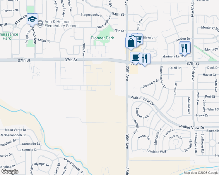 map of restaurants, bars, coffee shops, grocery stores, and more near 3600 Kenai Street in Evans