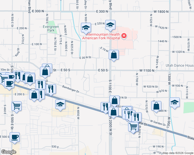 map of restaurants, bars, coffee shops, grocery stores, and more near 997 East 100 South in American Fork