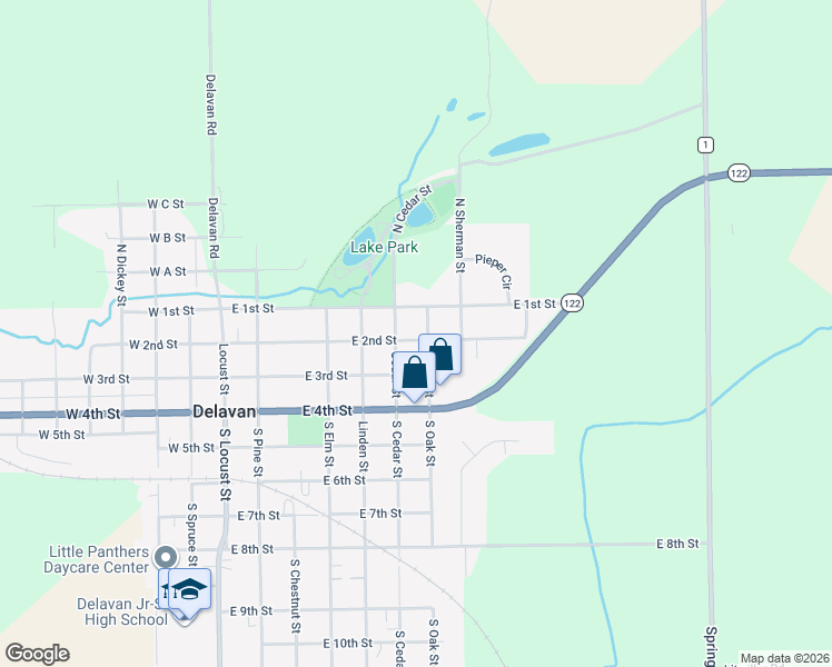 map of restaurants, bars, coffee shops, grocery stores, and more near 610 East 1st Street in Delavan