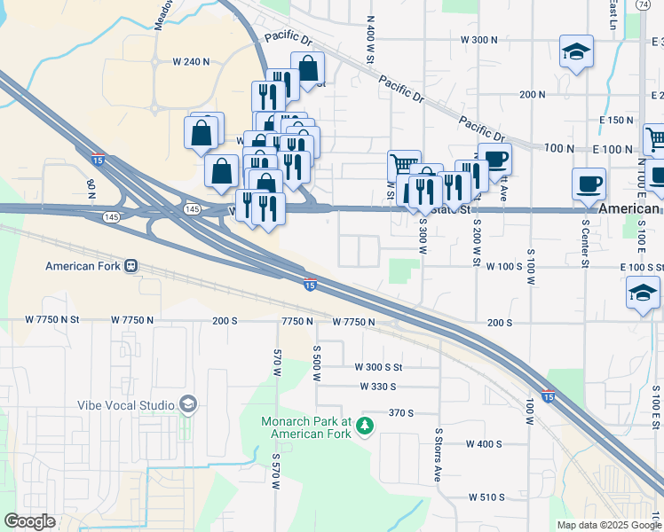map of restaurants, bars, coffee shops, grocery stores, and more near 98 Roosevelt Avenue in American Fork