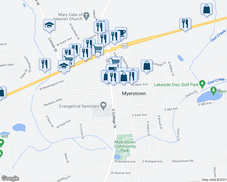 map of restaurants, bars, coffee shops, grocery stores, and more near 10 South College Street in Myerstown