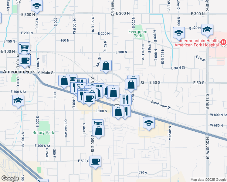 map of restaurants, bars, coffee shops, grocery stores, and more near 591 East 60 South in American Fork