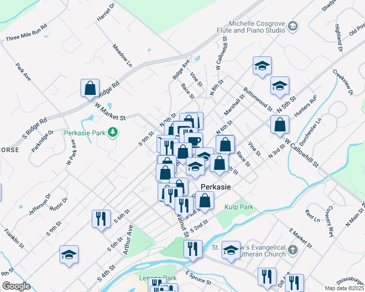 map of restaurants, bars, coffee shops, grocery stores, and more near 12 North 7th Street in Perkasie