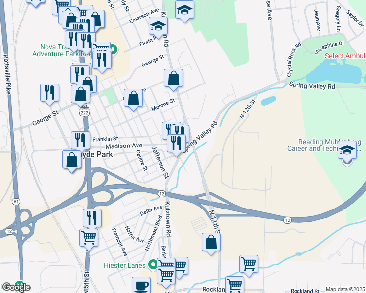 map of restaurants, bars, coffee shops, grocery stores, and more near 2727 Kutztown Road in Reading