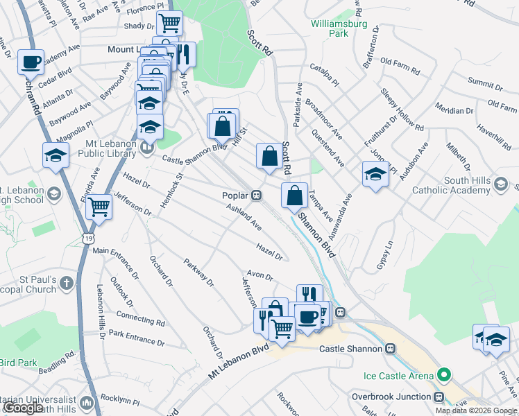 map of restaurants, bars, coffee shops, grocery stores, and more near in Mount Lebanon