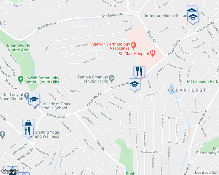map of restaurants, bars, coffee shops, grocery stores, and more near 1300 Bower Hill Road in Pittsburgh