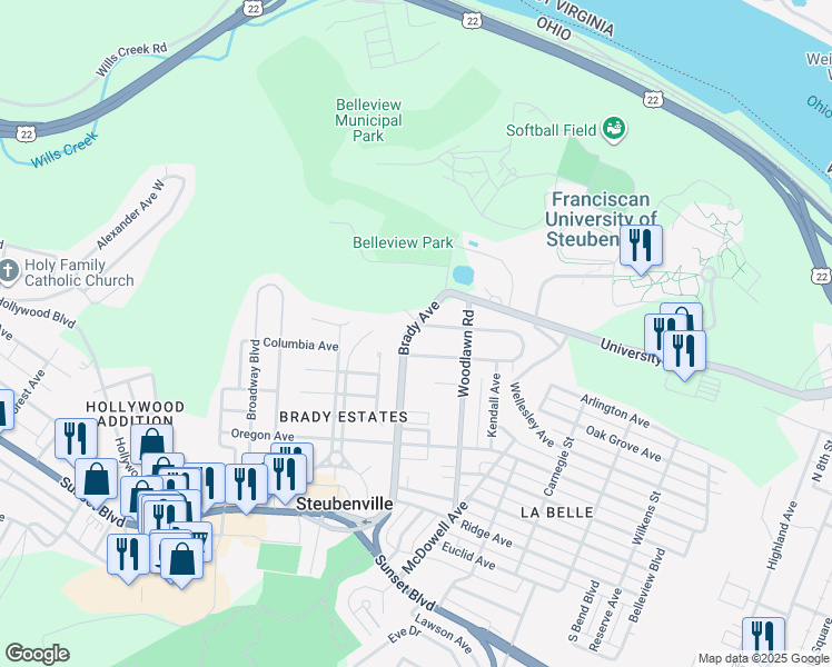 map of restaurants, bars, coffee shops, grocery stores, and more near 999-1099 Brady Avenue in Steubenville