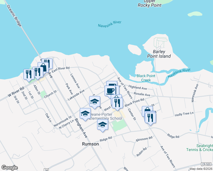 map of restaurants, bars, coffee shops, grocery stores, and more near 96 East River Road in Rumson