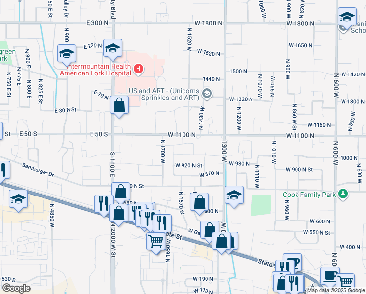 map of restaurants, bars, coffee shops, grocery stores, and more near 1541 West 1060 North in Pleasant Grove