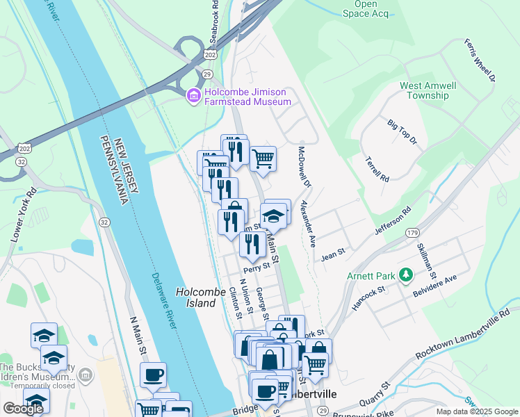 map of restaurants, bars, coffee shops, grocery stores, and more near 237 North Main Street in Lambertville