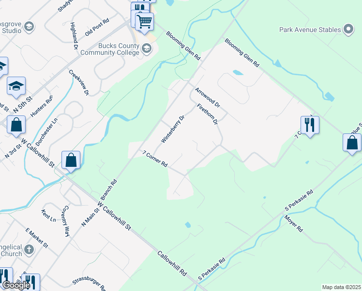 map of restaurants, bars, coffee shops, grocery stores, and more near 1641 7 Corner Road in Perkasie